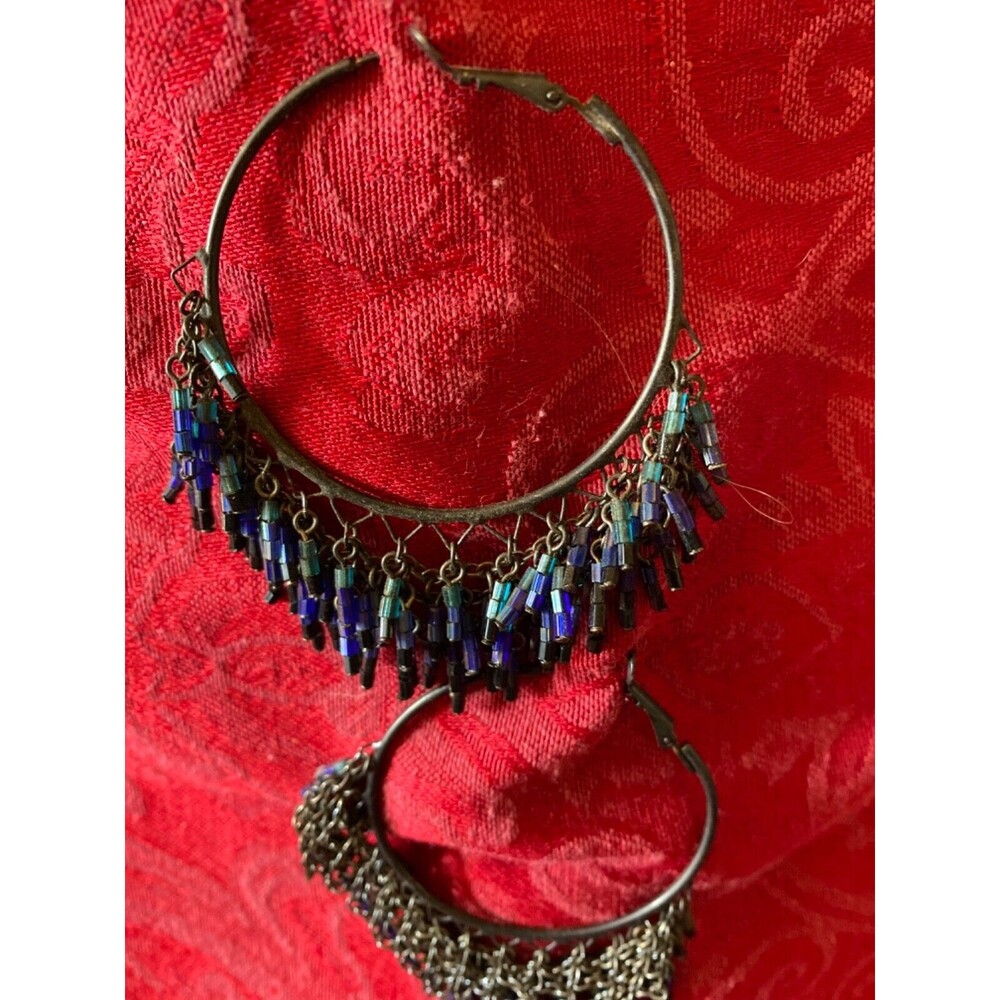 Blue beaded large hoop pierced earrings